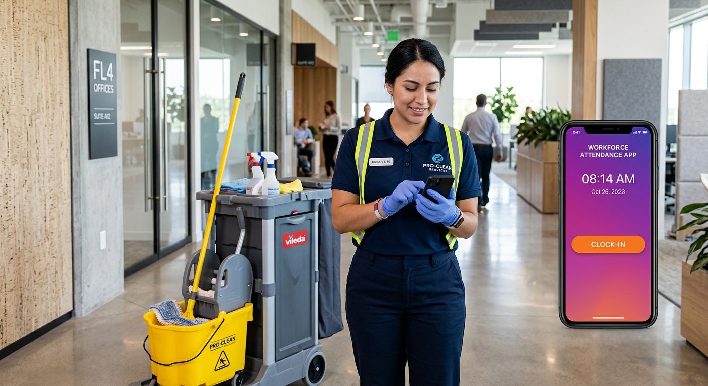 Addetta pulizie timbra presenza da smartphone — NoBadge per imprese di pulizie