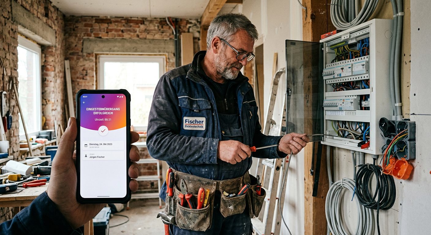 Artigiano timbra presenza da smartphone — NoBadge per Handwerk e aziende artigiane