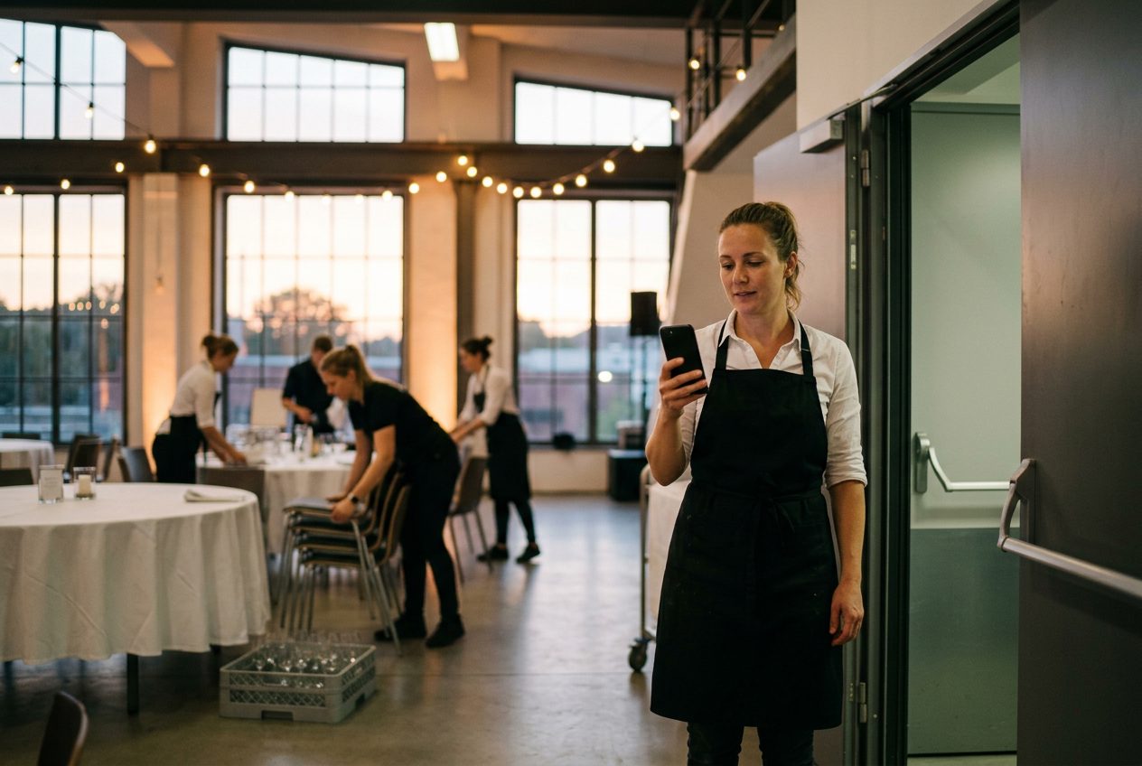 Angajată de catering care se pontează cu smartphone-ul la intrarea personalului într-o locație de evenimente