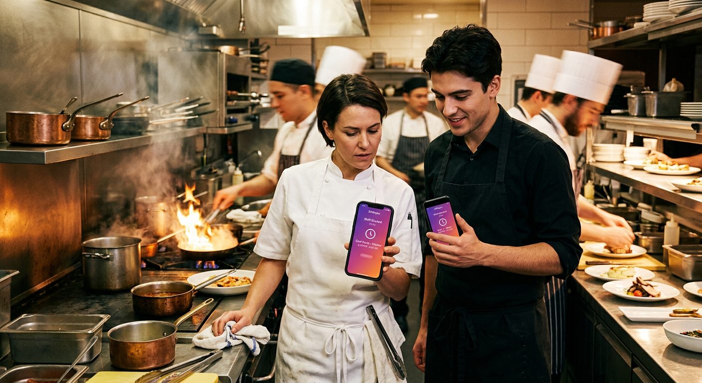 Chef e cameriere timbrano turno da smartphone — NoBadge per ristoranti e ristorazione