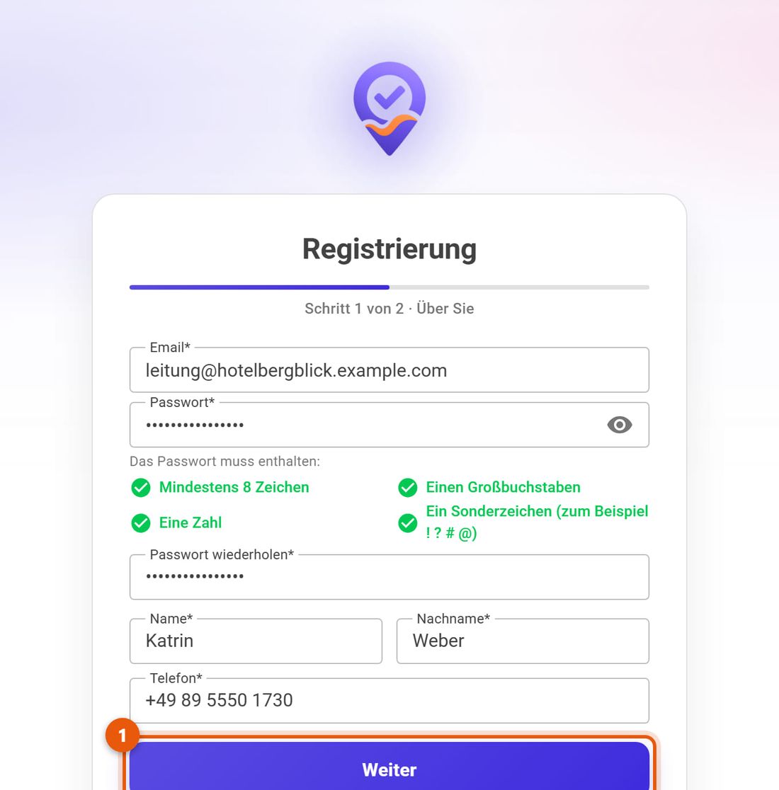 Registrierung, erster Schritt: E-Mail, Passwort, Vorname, Nachname und Telefon