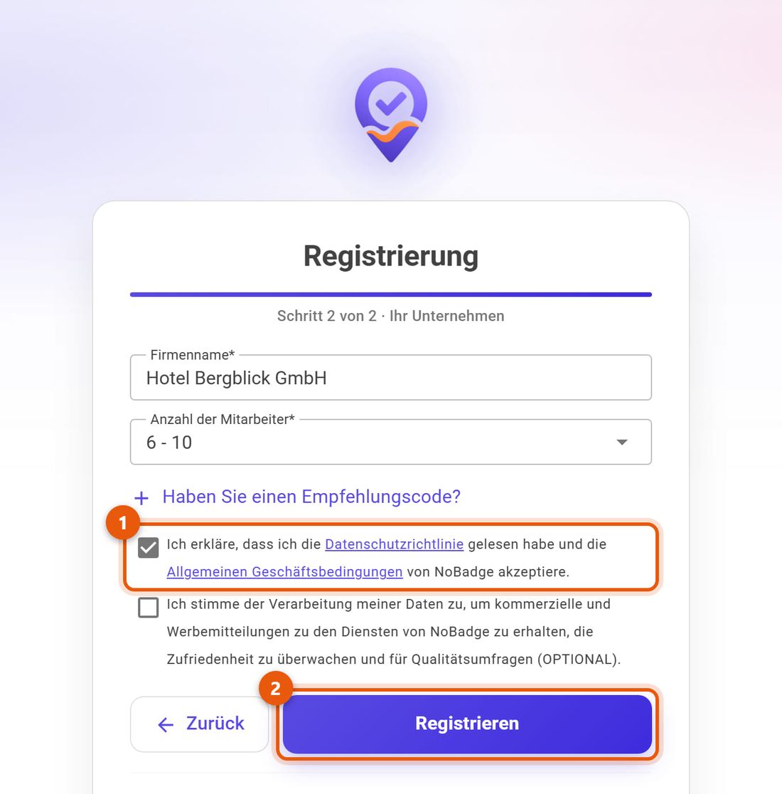Registrierung, zweiter Schritt: Unternehmensname, Anzahl der Mitarbeitenden, Einwilligungen und Registrieren