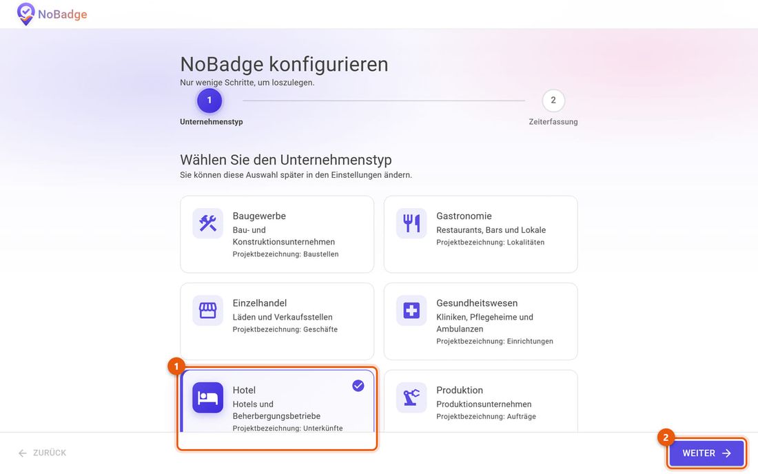 NoBadge einrichten, Schritt Unternehmenstyp, mit gewählter Karte Hotel
