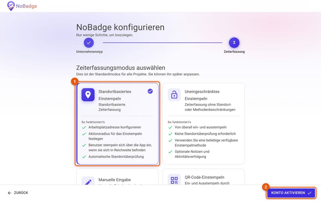 Schritt Zeiterfassung mit gewähltem standortbasiertem Einstempeln und Konto aktivieren