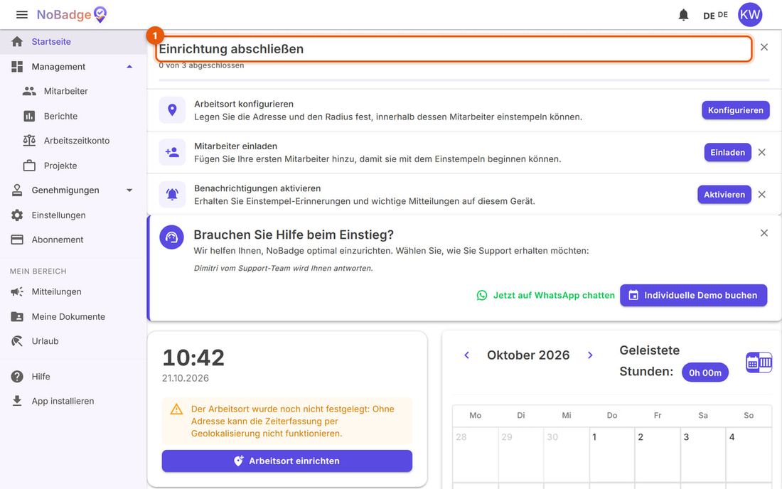 Startseite eines frisch registrierten Unternehmens mit der Liste Einrichtung abschließen