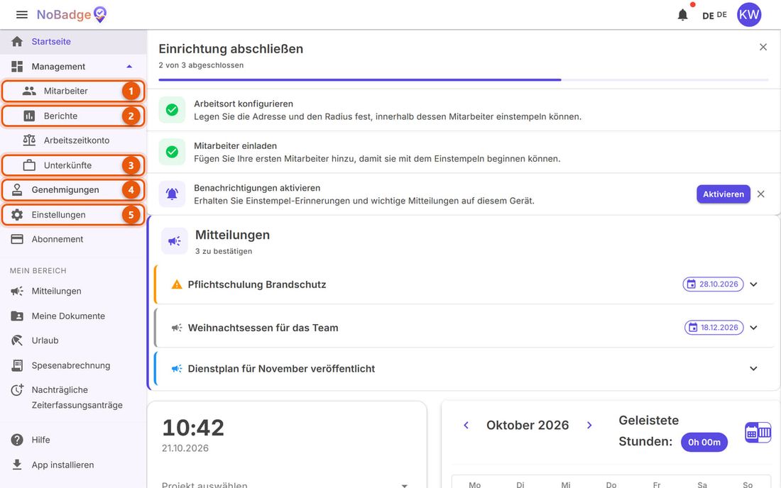Startseite des Administrators mit Mitarbeiter, Berichte, Unterkünfte, Genehmigungen und Einstellungen hervorgehoben