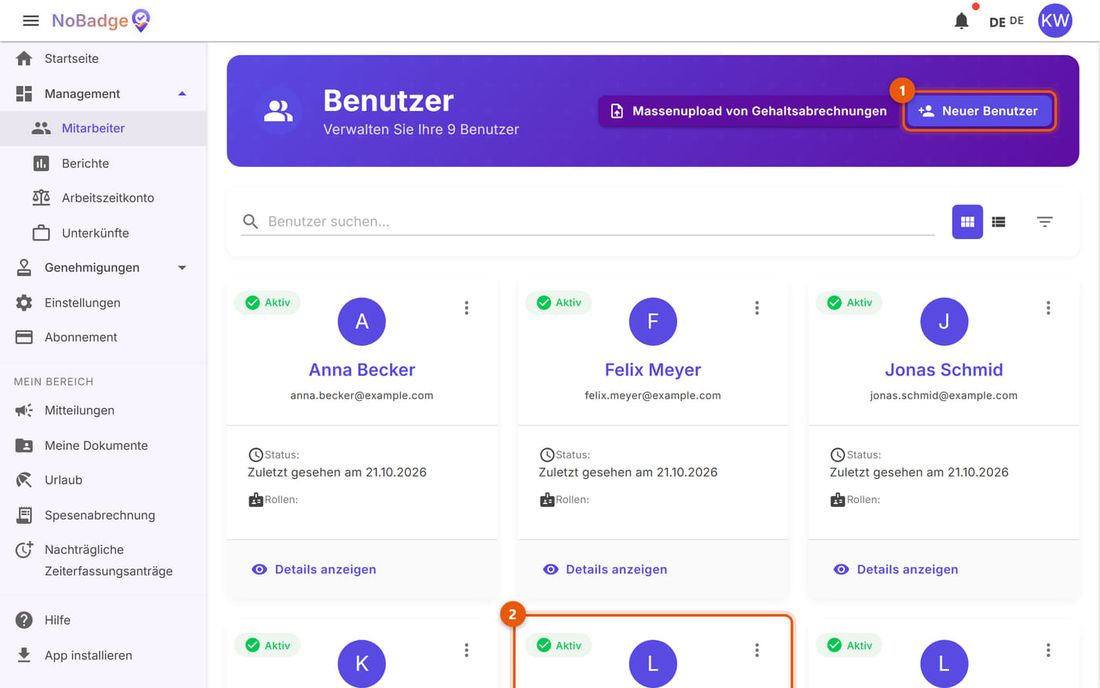Benutzerliste mit der Schaltfläche Neuer Benutzer und einer Person, die noch nie verbunden war