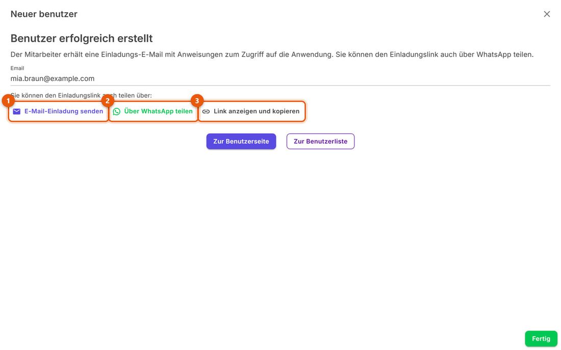 Letzter Schritt: E-Mail-Einladung senden, Über WhatsApp teilen, Link anzeigen und kopieren