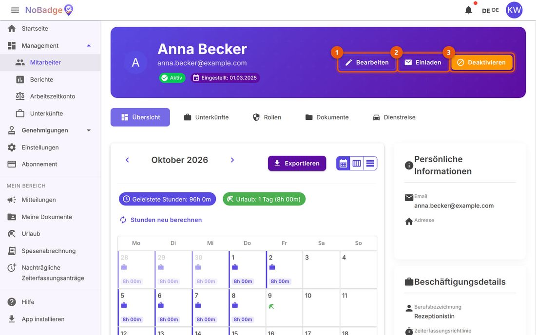 Profil von Anna Becker mit den Schaltflächen Bearbeiten, Einladen und Deaktivieren und dem Stundenkalender