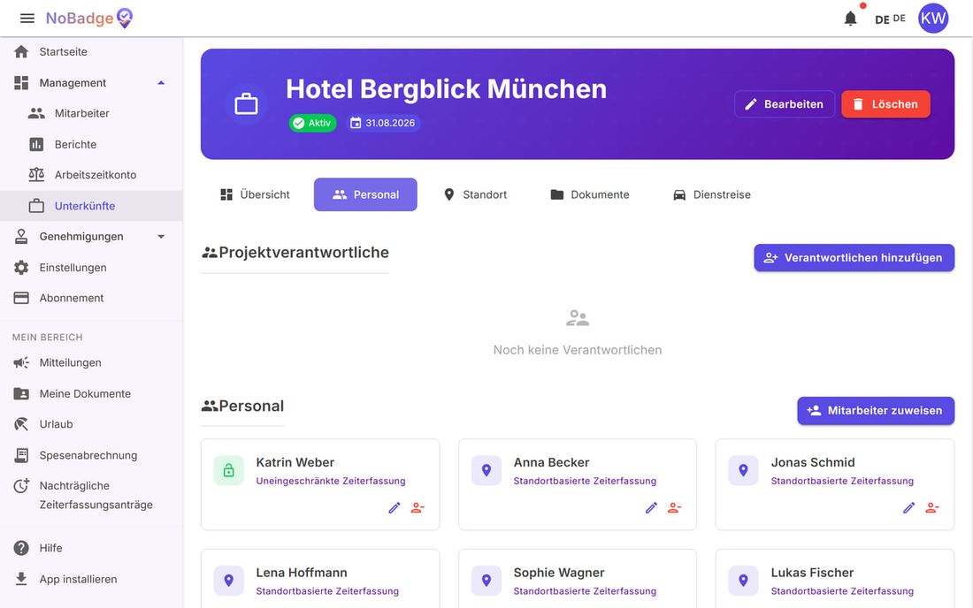 Registerkarte Personal mit Verantwortlichen hinzufügen, Mitarbeiter zuweisen und den zugewiesenen Personen