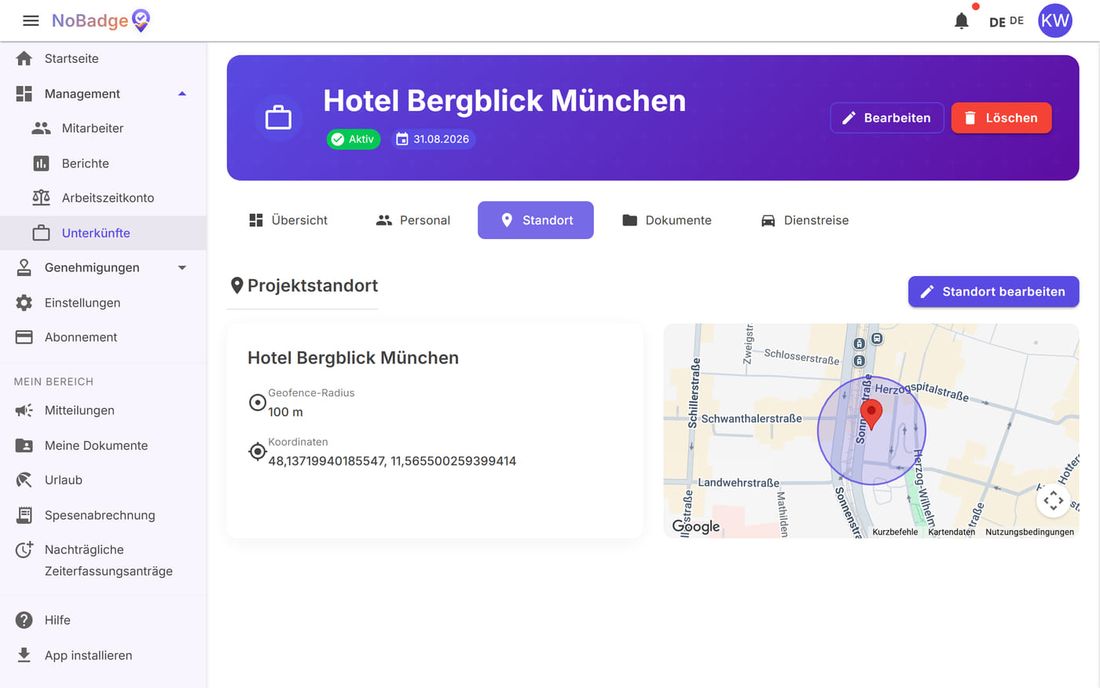 Registerkarte Standort: Radius 100 Meter, Koordinaten und Karte mit dem Stempelbereich
