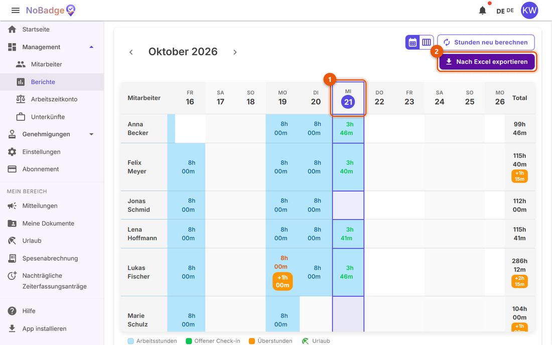Bericht für Oktober mit der Spalte von heute und der Schaltfläche Nach Excel exportieren