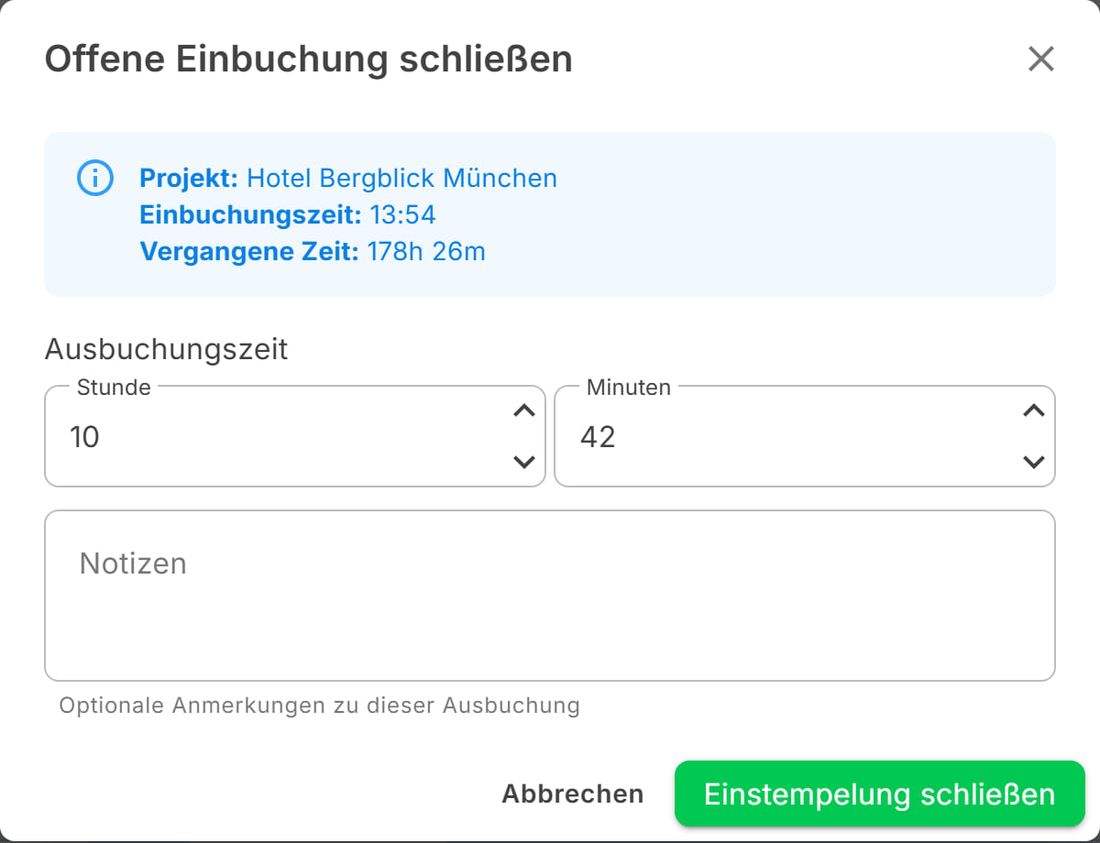 Fenster Offene Einbuchung schließen mit Ausbuchungszeit und Notizen