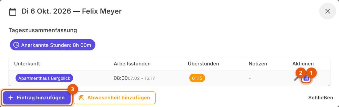 Details zum 6. Oktober von Felix Meyer: 8h anerkannt, 1h15 Überstunden, Rechner- und Bearbeitungssymbol