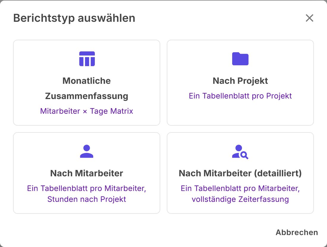 Fenster Berichtstyp auswählen mit den vier Excel-Formaten