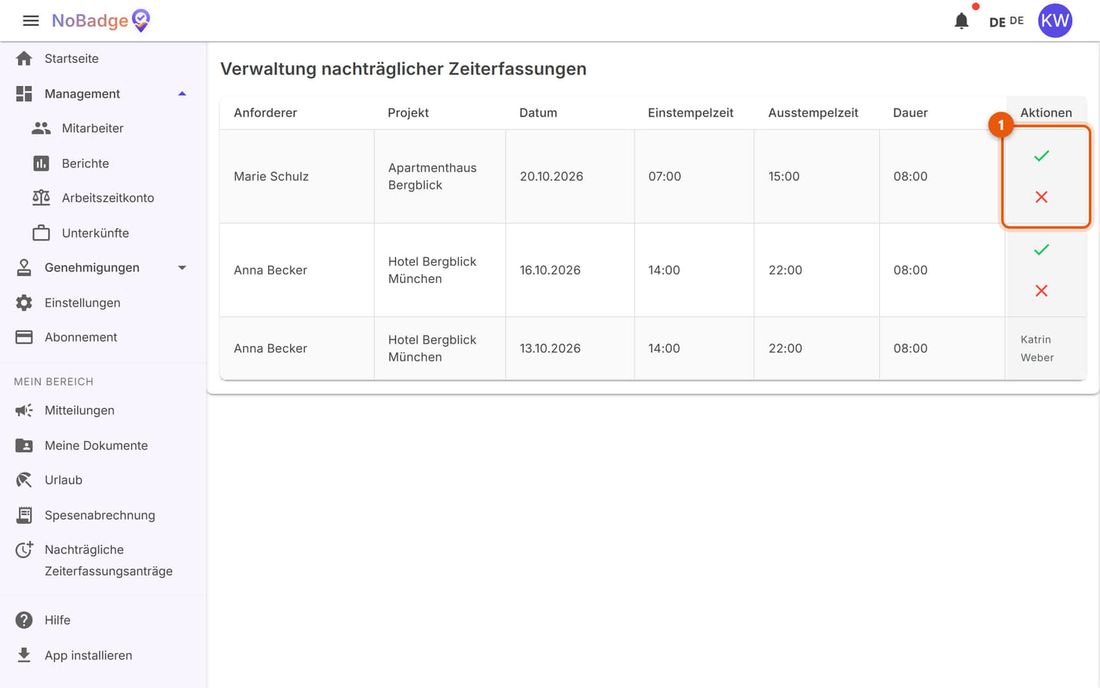 Verwaltung nachträglicher Zeiterfassungen mit dem Antrag von Marie Schulz für den 20. Oktober