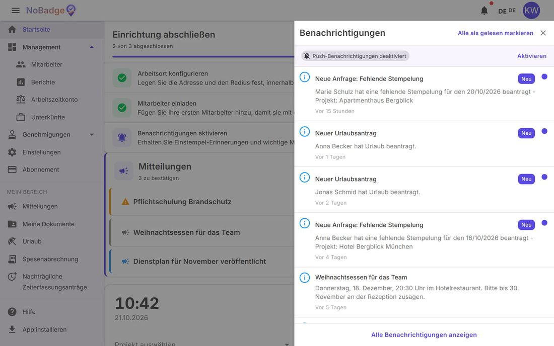 Bereich Benachrichtigungen mit Urlaubs- und nachträglichen Zeiterfassungsanträgen