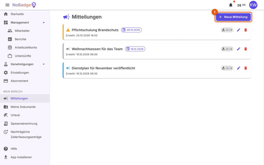 Mitteilungen des Administrators mit der Schaltfläche Neue Mitteilung und den Lesebestätigungen