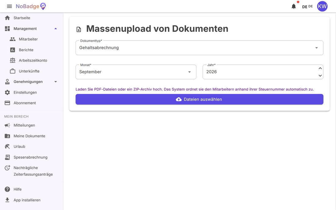 Massenupload von Dokumenten: Typ, Monat, Jahr und Dateien auswählen