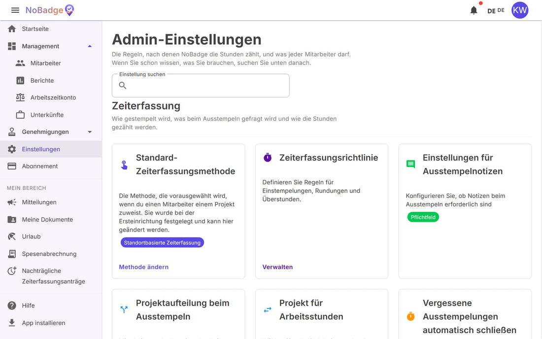 Admin-Einstellungen, Bereich Stempelungen