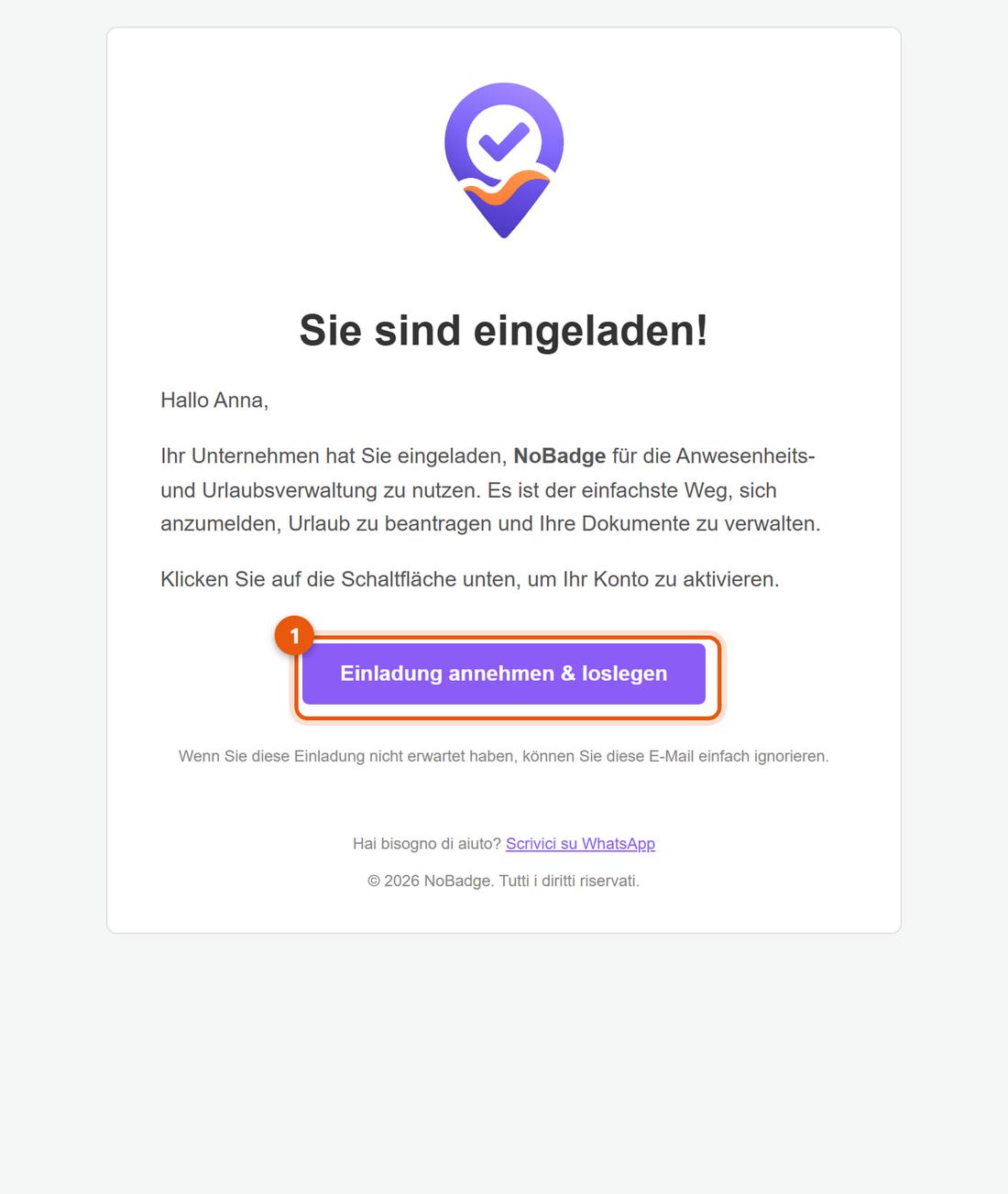 Einladungs-E-Mail mit der Schaltfläche Einladung annehmen & loslegen