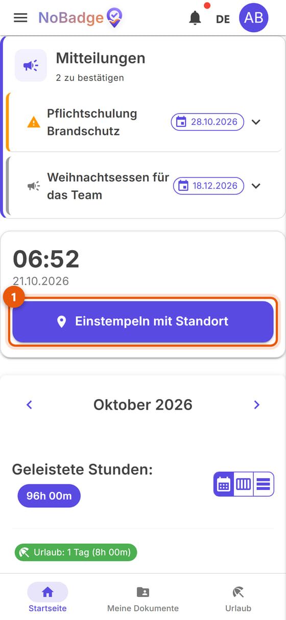 Startseite vor dem Einstempeln, mit der Schaltfläche Einstempeln mit Standort