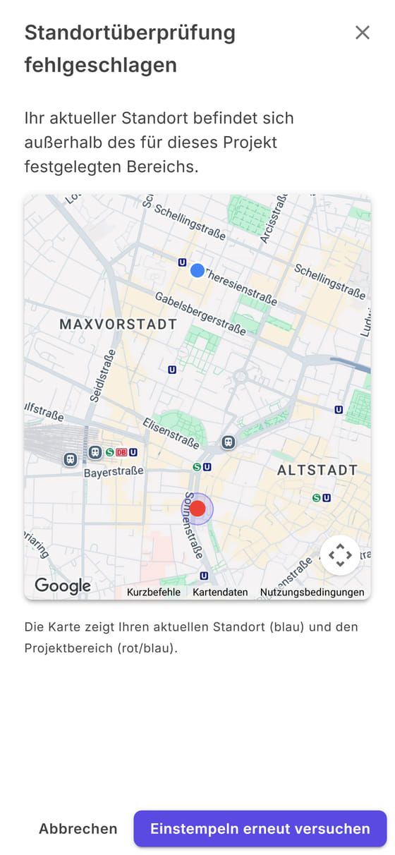 Standortüberprüfung fehlgeschlagen: die Karte mit Ihrem Standort und dem Bereich des Arbeitsorts