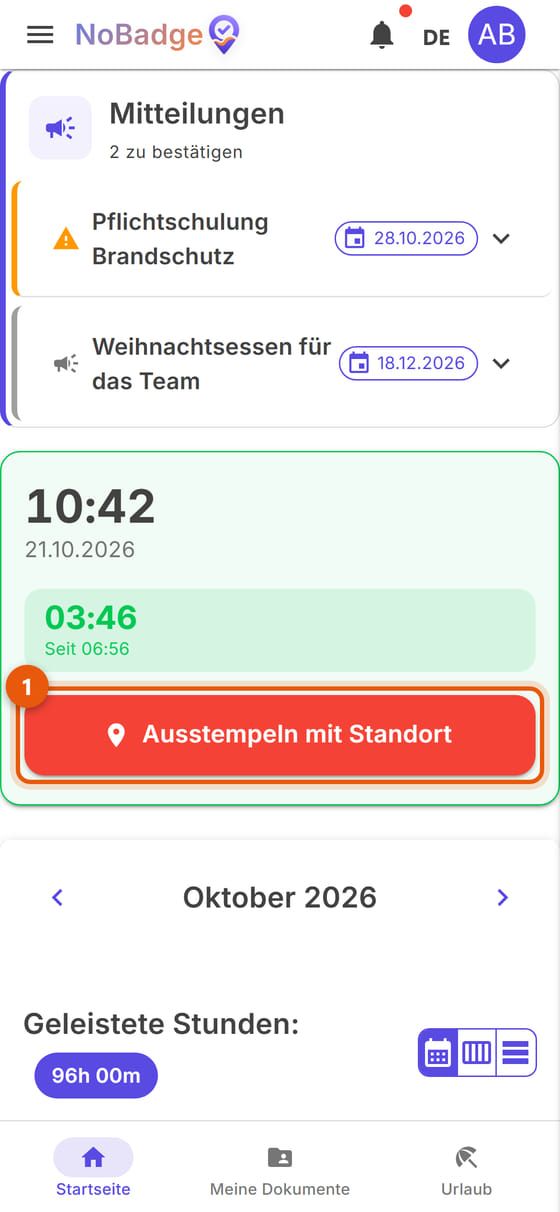Startseite während der Schicht, mit der Arbeitszeit und der Schaltfläche Ausstempeln mit Standort