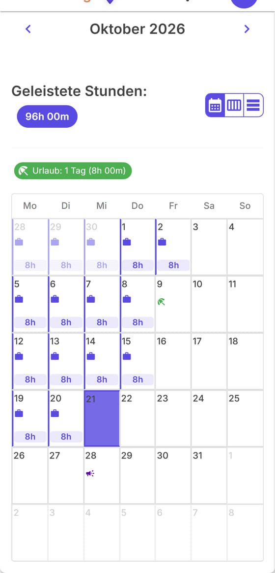 Kalender für Oktober mit den Stunden jedes Tages