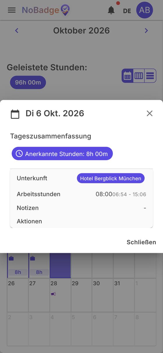 Details zum 6. Oktober: 8h 00m anerkannt, Zeiten 06:54–15:06