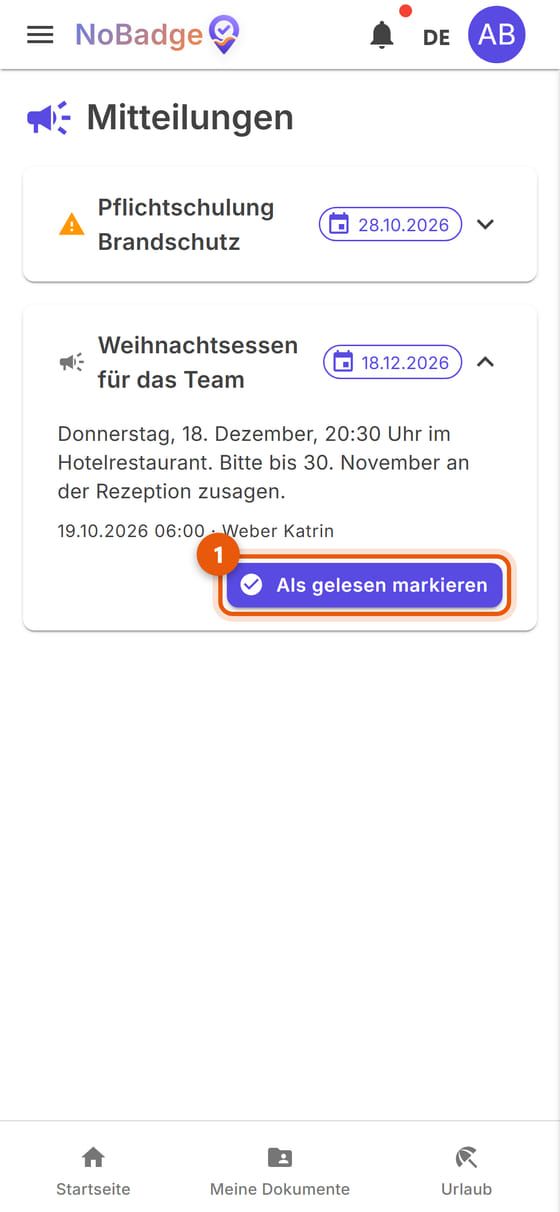 Geöffnete Mitteilung mit der Schaltfläche Als gelesen markieren