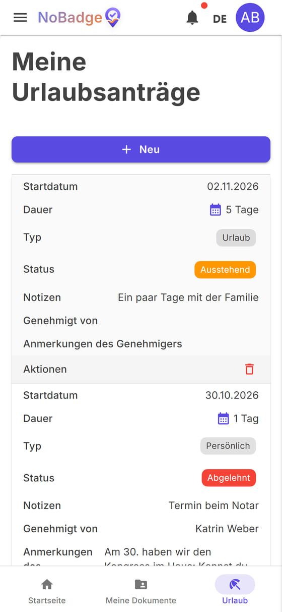 Meine Urlaubsanträge mit einem abgelehnten freien Tag und ausstehendem Urlaub