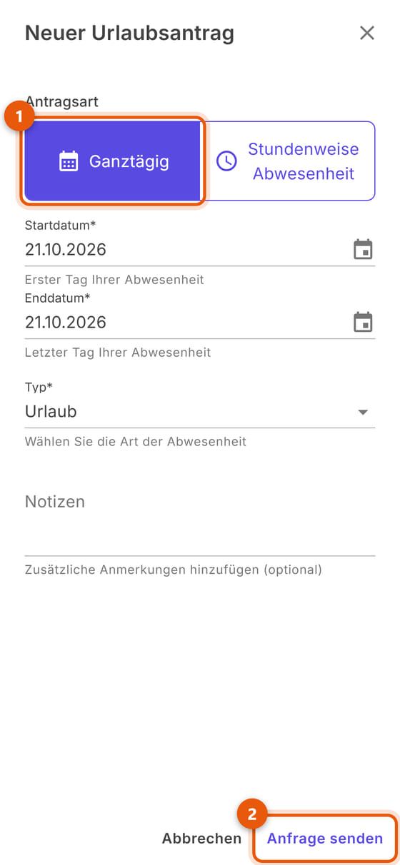 Neuer Antrag, ganztägig: Daten, Typ und Notizen