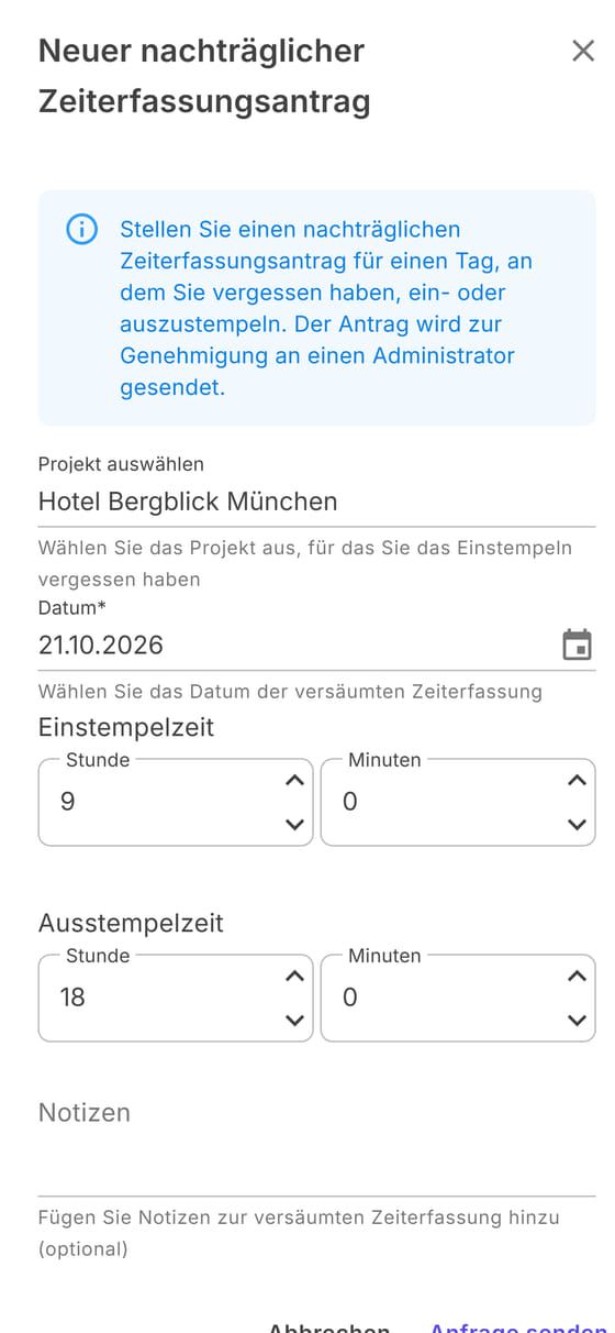 Neuer nachträglicher Zeiterfassungsantrag: Arbeitsort, Datum, Zeiten und Notizen
