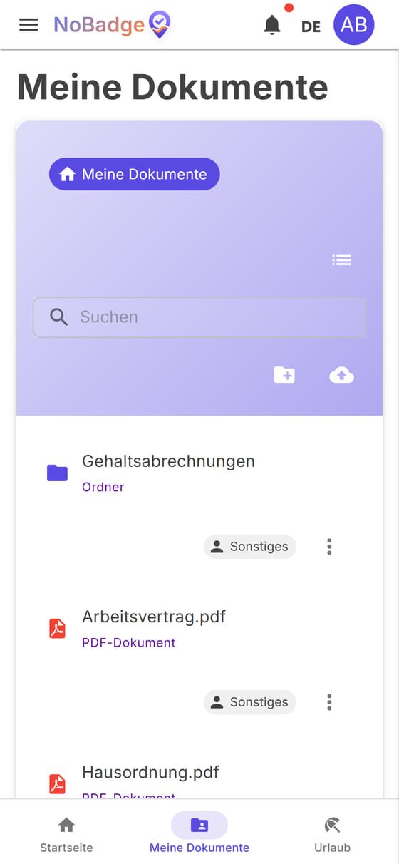 Meine Dokumente mit dem Ordner Gehaltsabrechnungen, dem Arbeitsvertrag und der Hausordnung