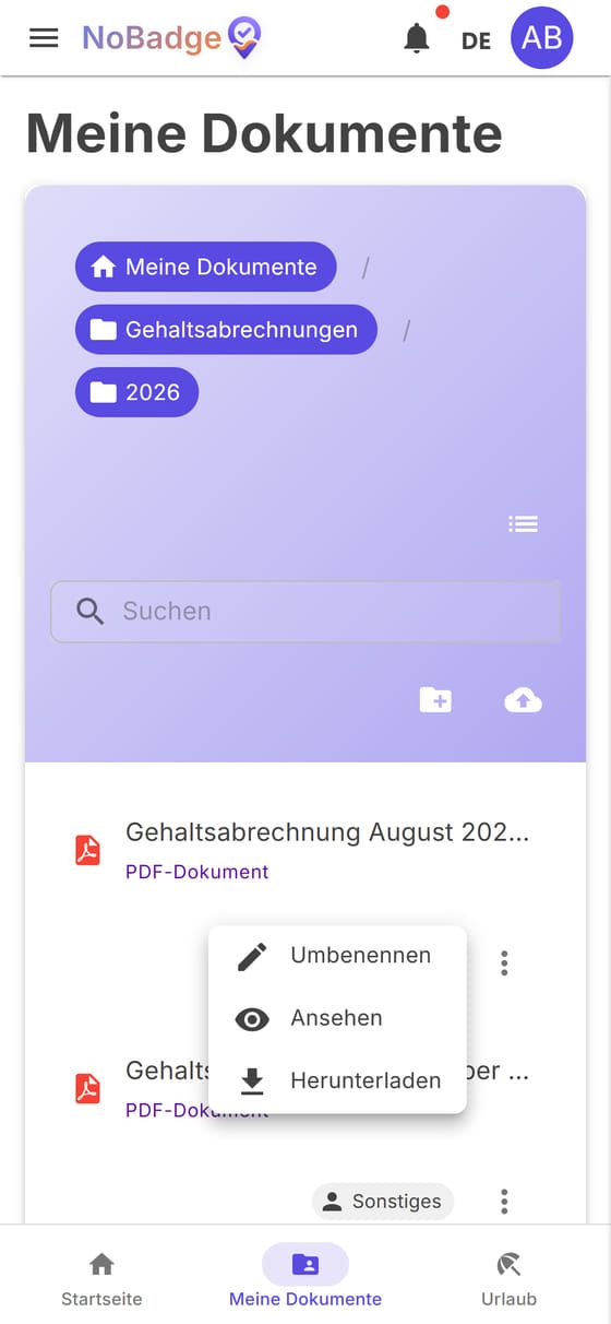 Der Ordner Gehaltsabrechnungen 2026 mit dem Menü einer Datei: Umbenennen, Ansehen, Herunterladen
