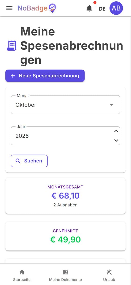 Meine Spesenabrechnungen für Oktober: Summe, genehmigt und ausstehend