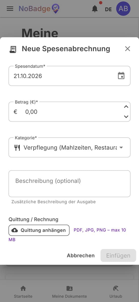 Fenster Neue Spesenabrechnung mit Datum, Betrag, Kategorie und Quittung anhängen