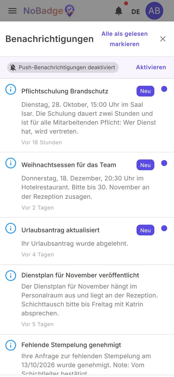 Bereich Benachrichtigungen mit genehmigten und abgelehnten Anträgen und neuen Mitteilungen