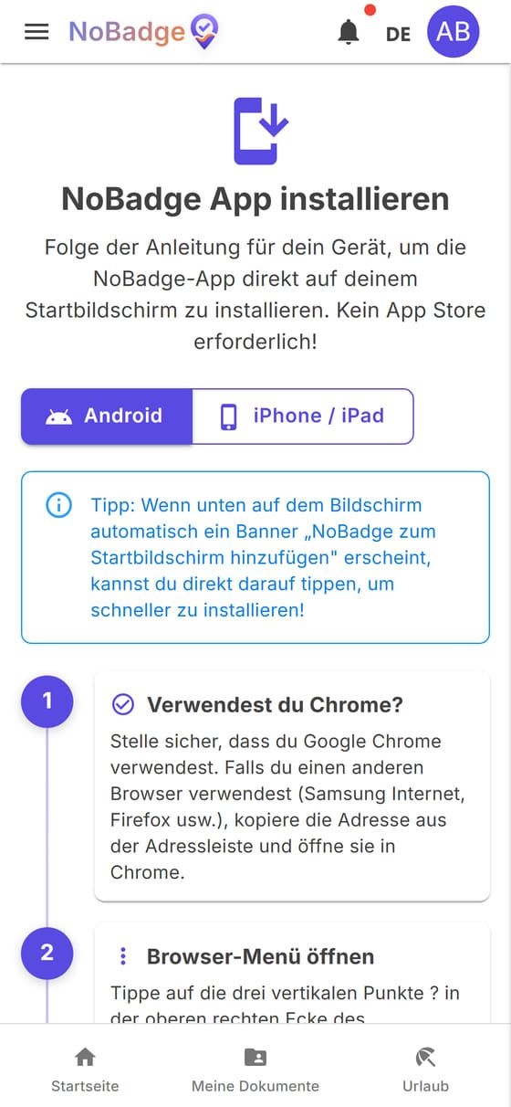 Seite NoBadge installieren mit den Anleitungen für Android und iPhone