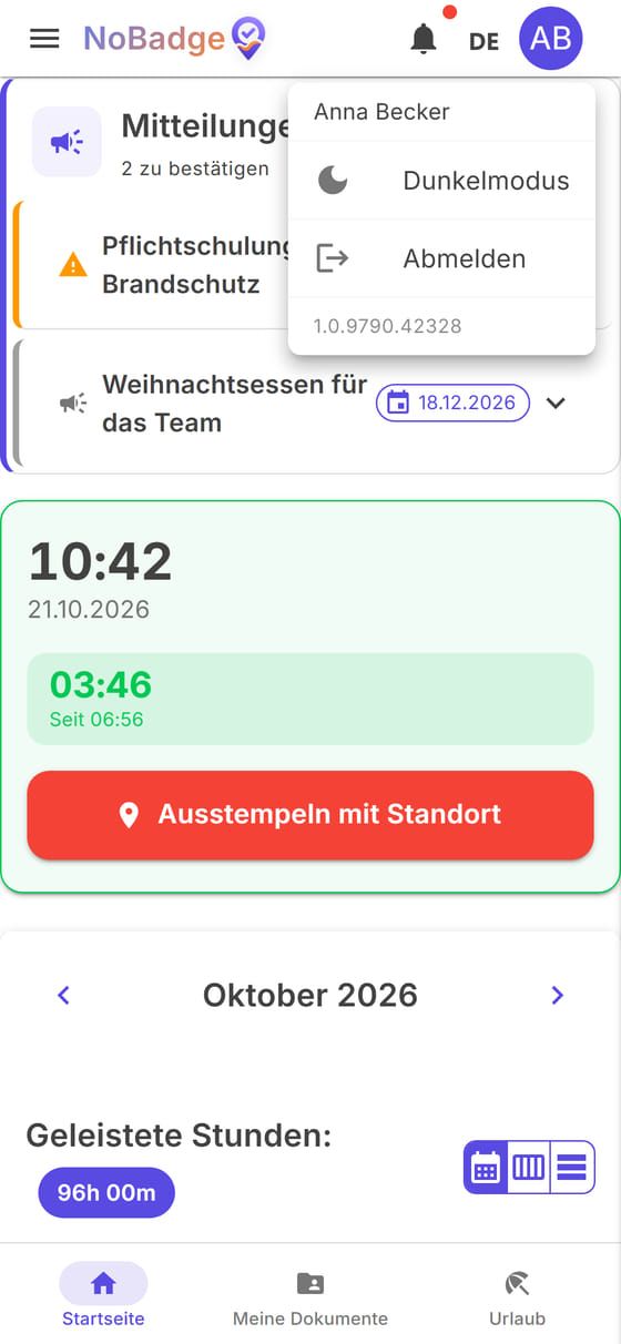 Kontomenü mit Dunkelmodus und Abmelden