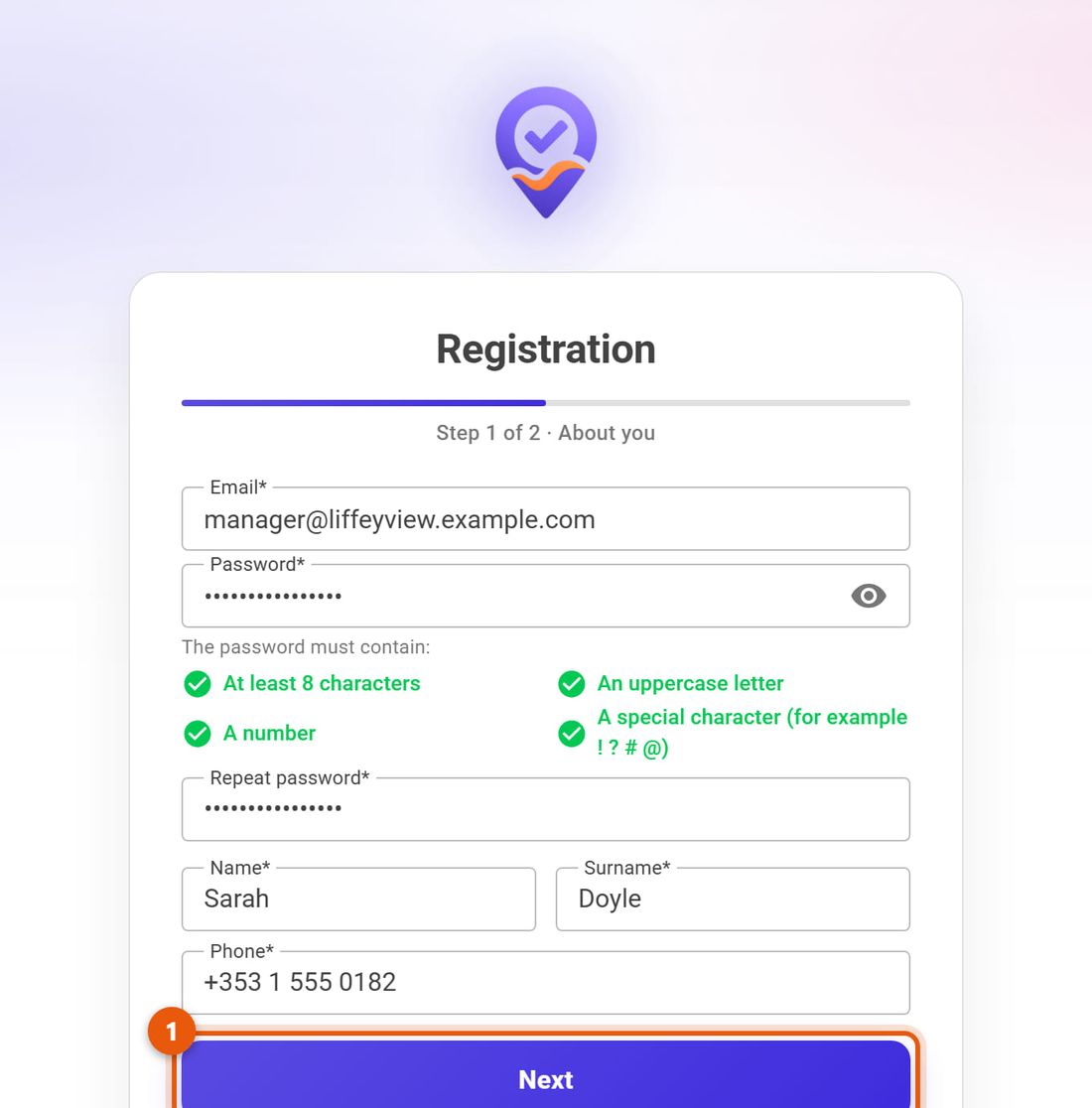 Sign-up, first step: email, password, first name, last name and phone