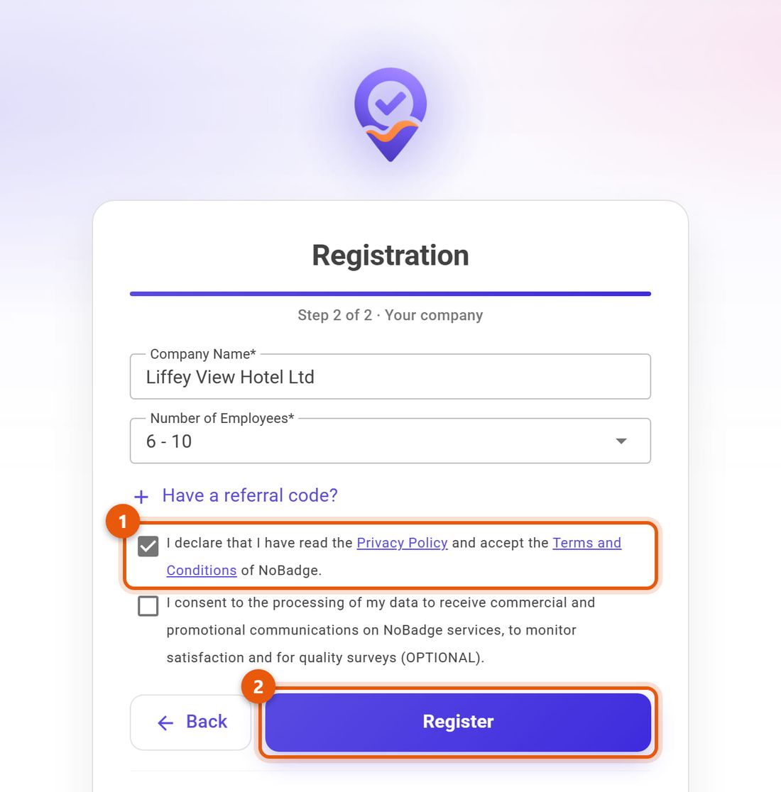 Sign-up, second step: company name, number of employees, consents and Register