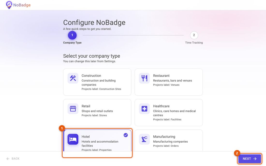 Set up NoBadge, Company Type step, with the Hotel card selected