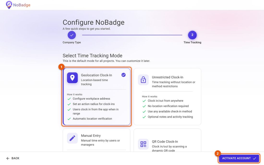 Time Tracking step with Geolocation Clock-In selected and Activate account