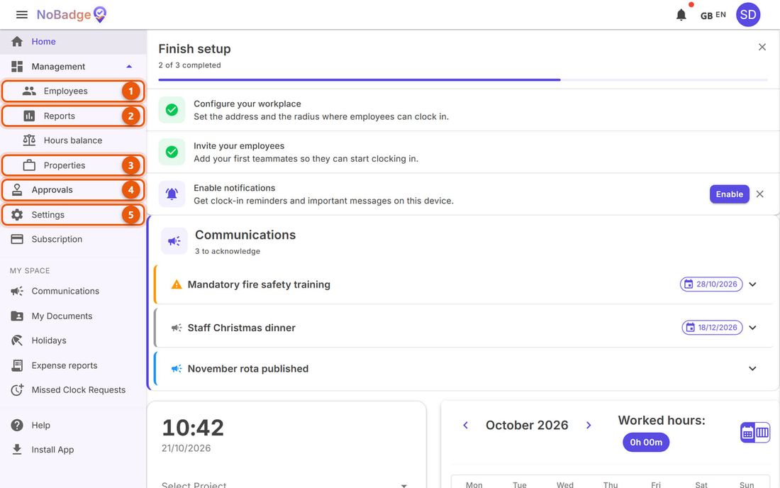Administrator's Home with Employees, Reports, Properties, Approvals and Settings highlighted