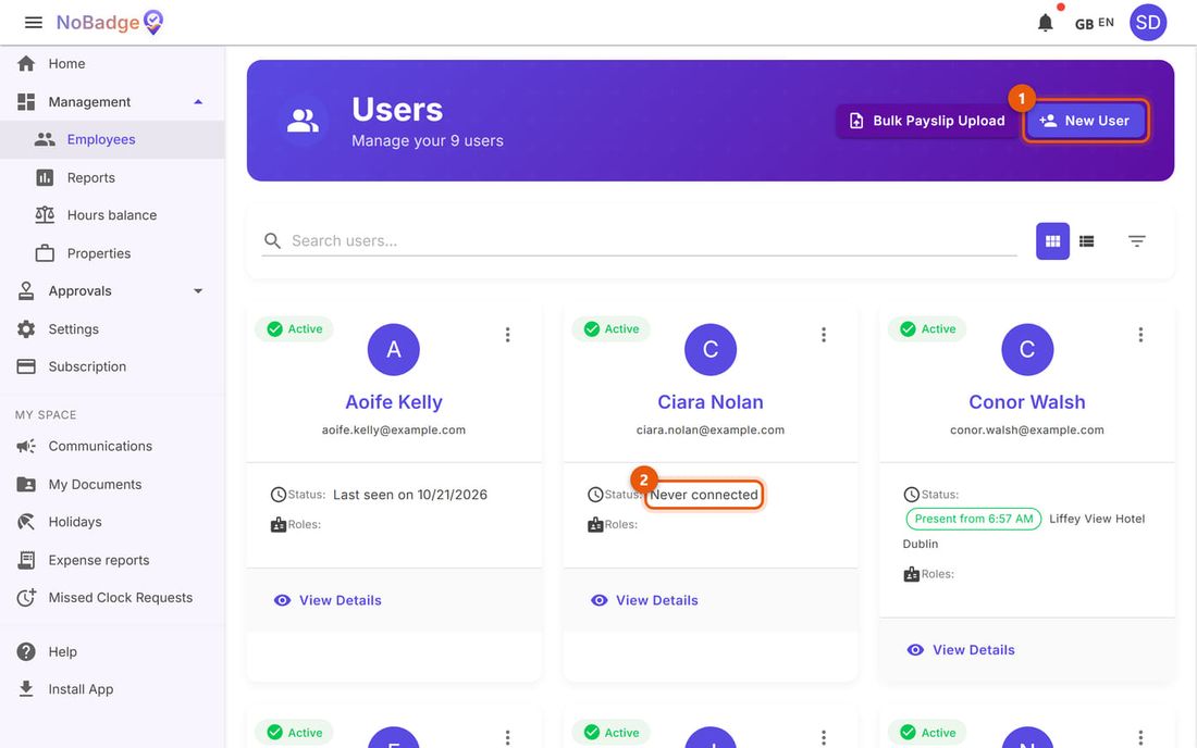 Users list with the New User button and a person who has never connected