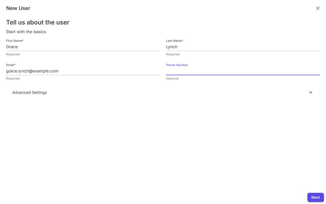 New user, first step: first name, last name, email and phone