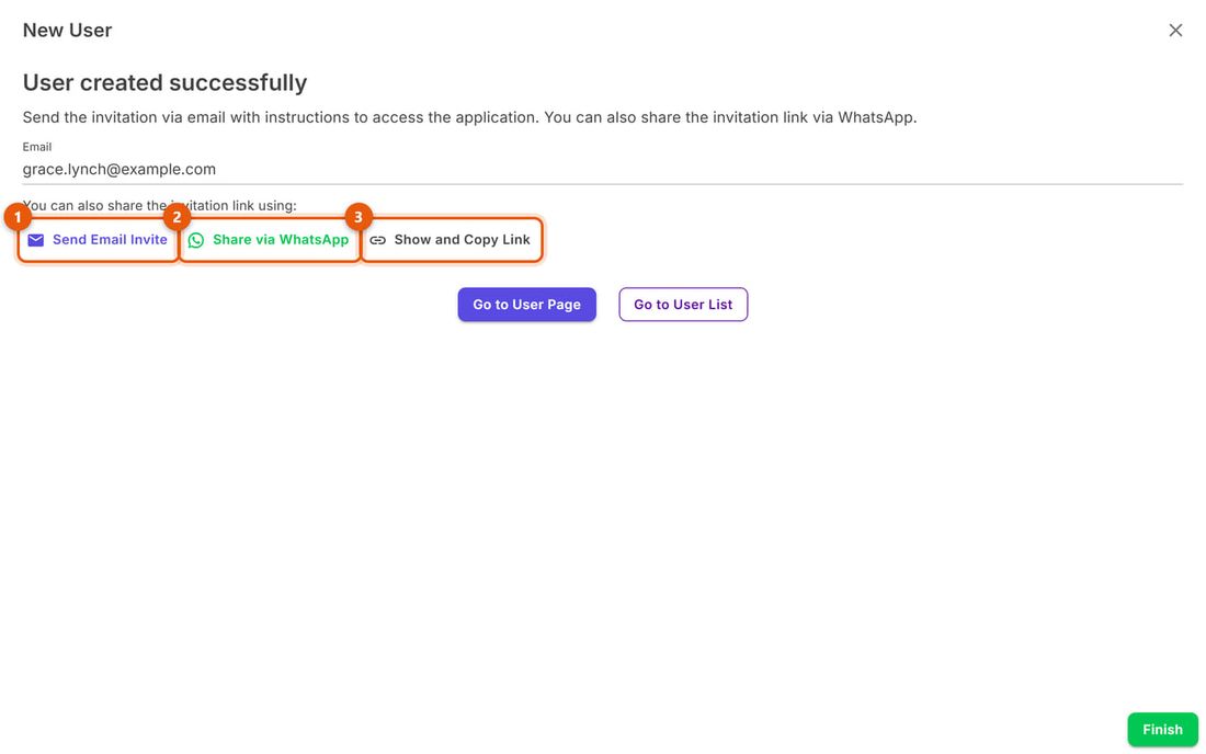 Last step: Send Email Invite, Share via WhatsApp, Show and Copy Link