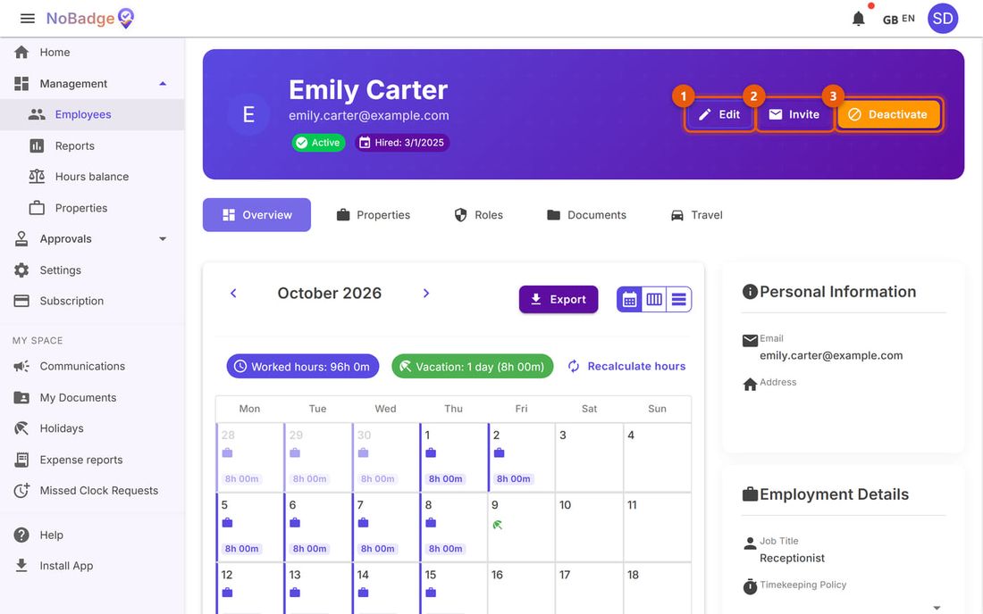 Emily Carter's profile with the Edit, Invite and Deactivate buttons and the calendar of hours